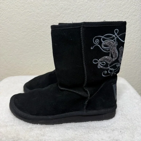 Juicy Couture Black Suede Boots Silver Sequin Juicy back faux fur lined Size 8 - Picture 3 of 12